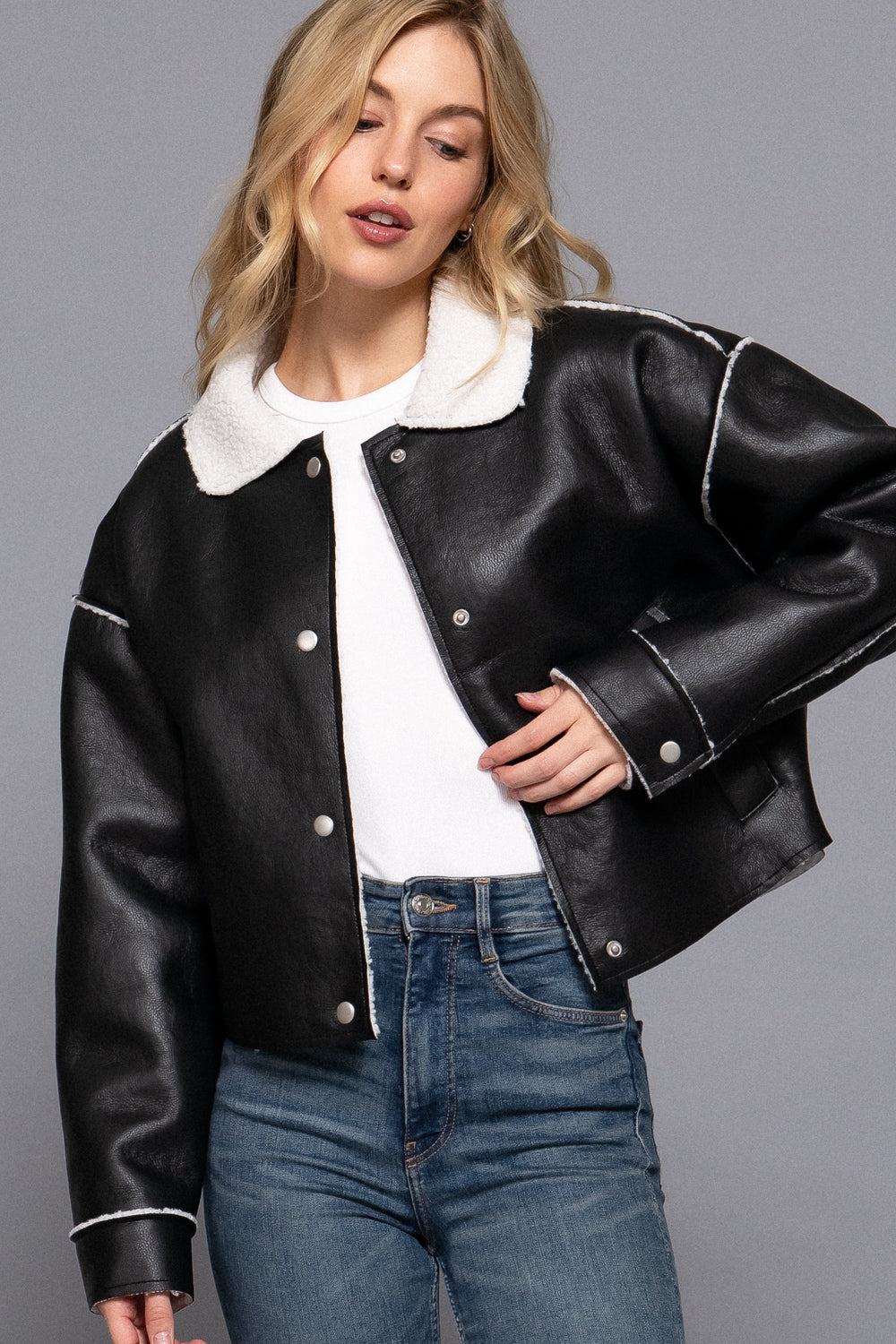 Sherpa-Lined Faux Leather Jacket