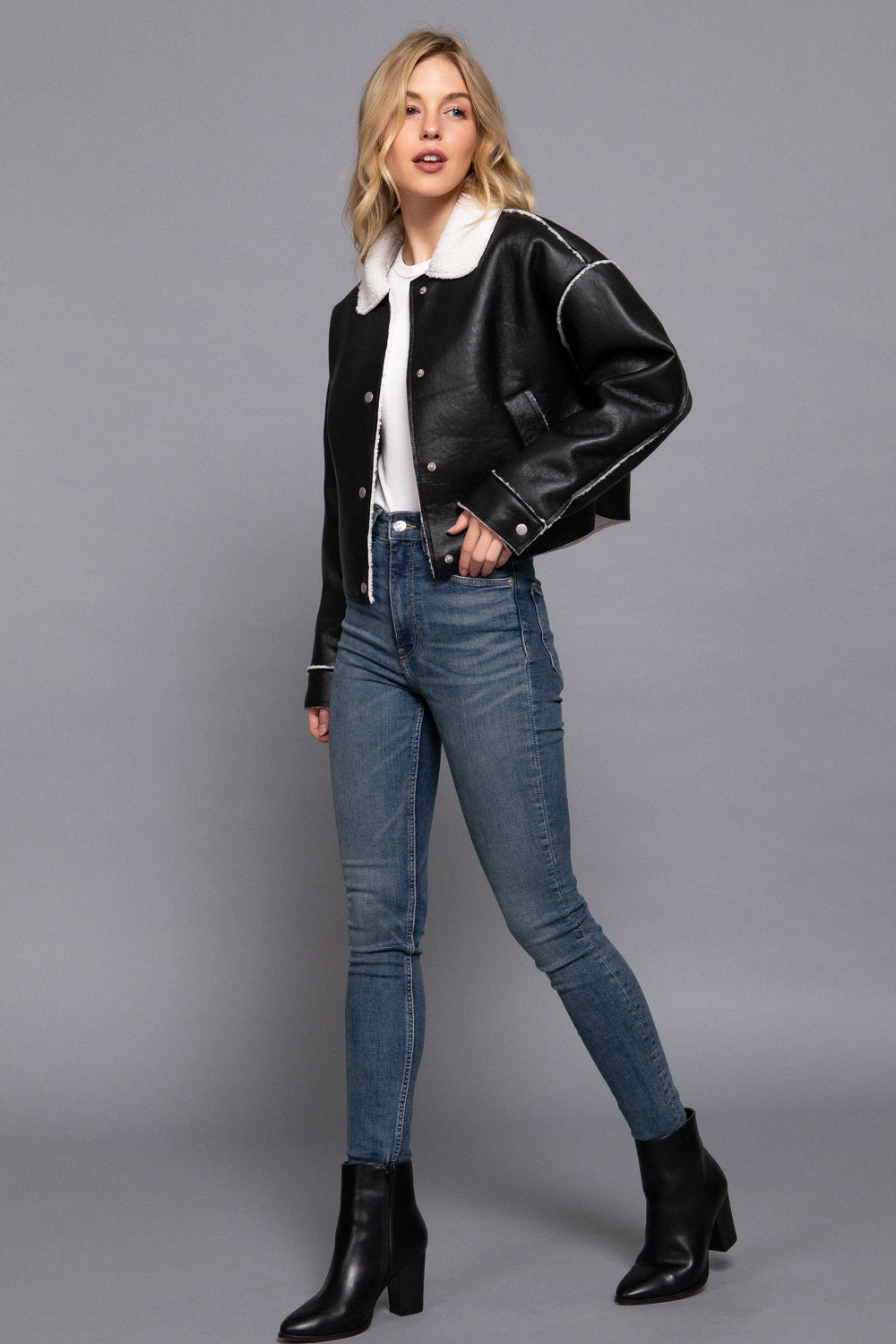 Sherpa-Lined Faux Leather Jacket