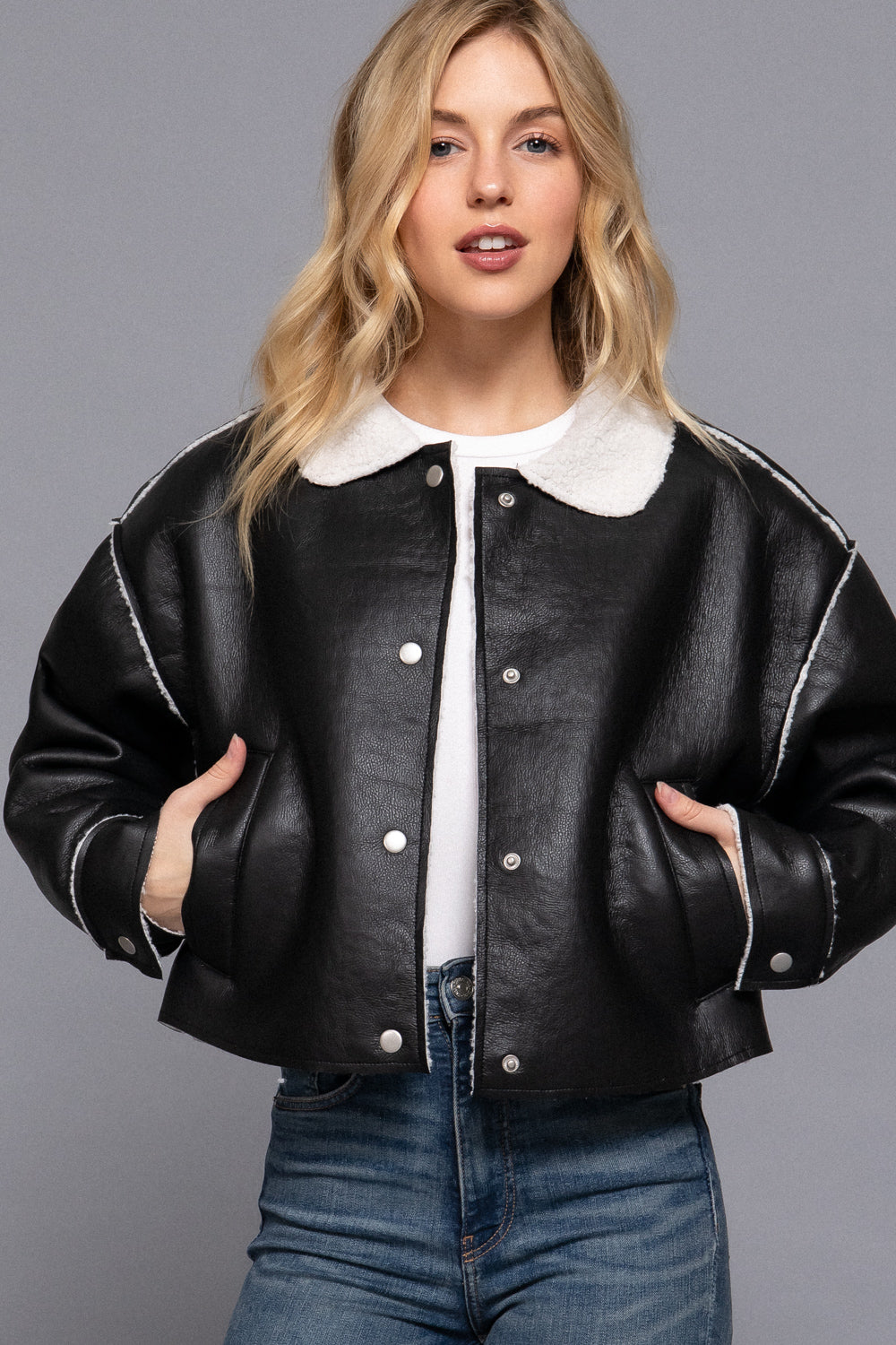 Sherpa-Lined Faux Leather Jacket