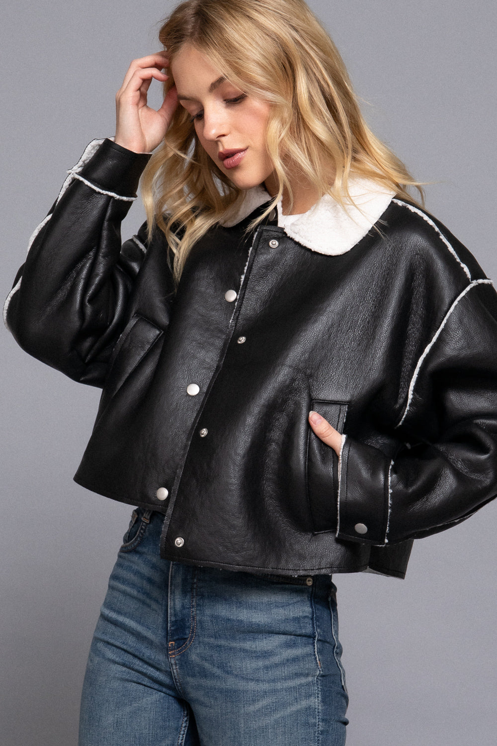 Sherpa-Lined Faux Leather Jacket