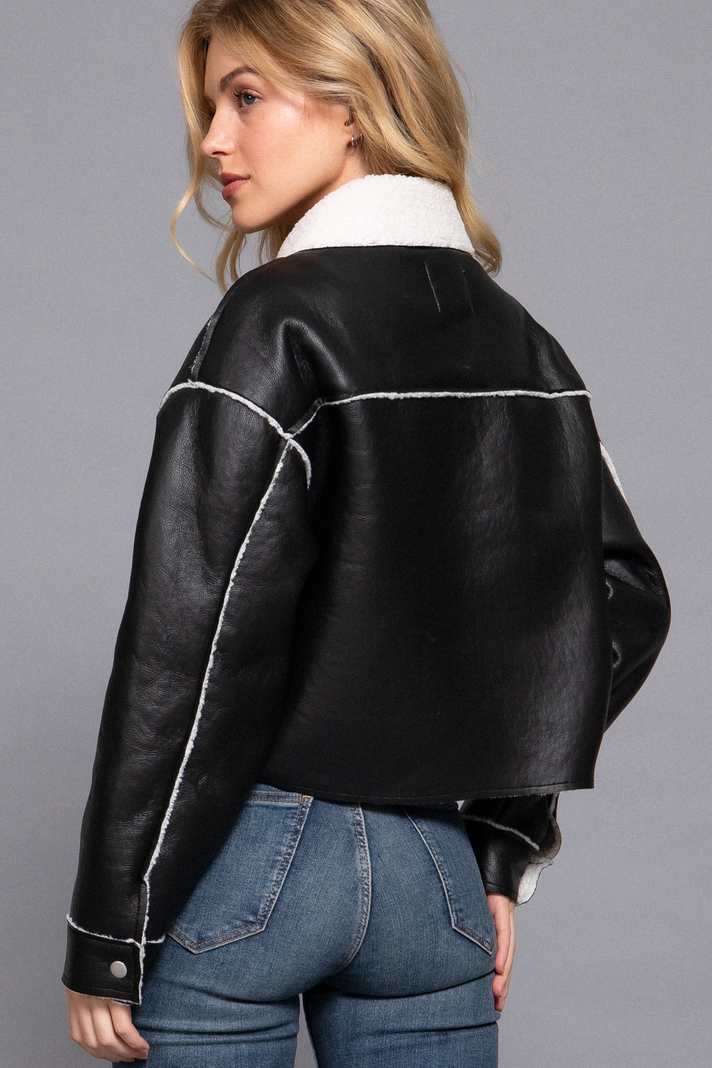 Sherpa-Lined Faux Leather Jacket