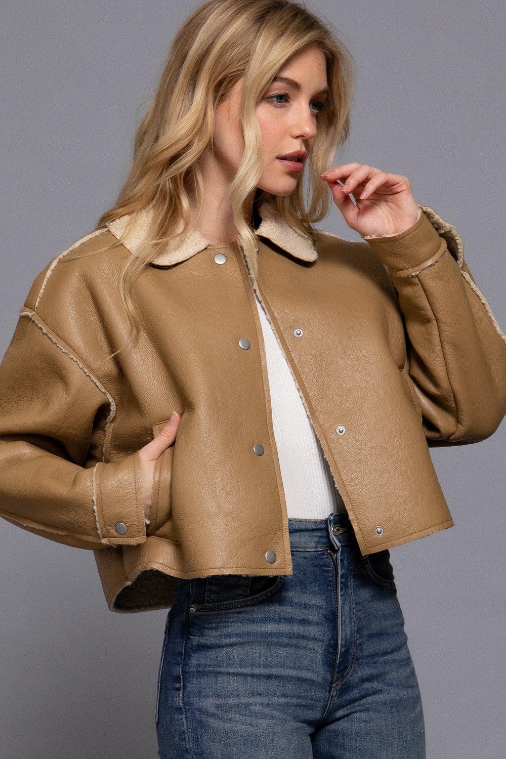 Sherpa-Lined Faux Leather Jacket