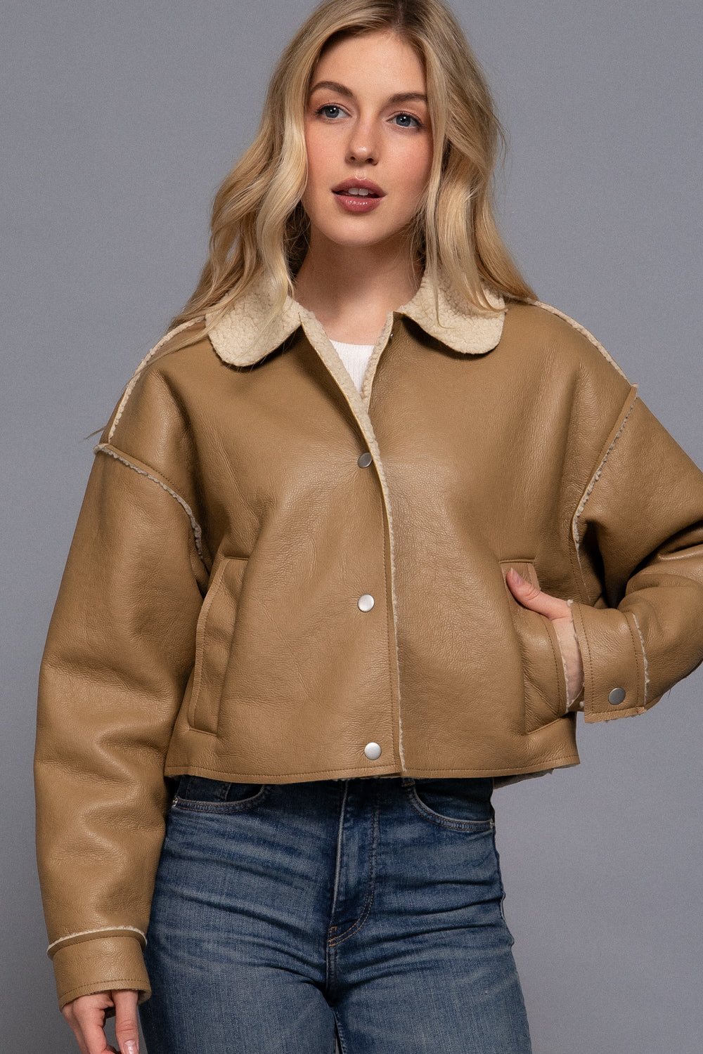Sherpa-Lined Faux Leather Jacket