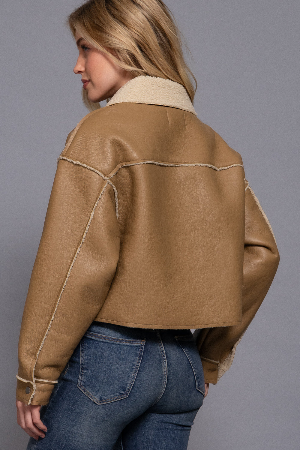 Sherpa-Lined Faux Leather Jacket