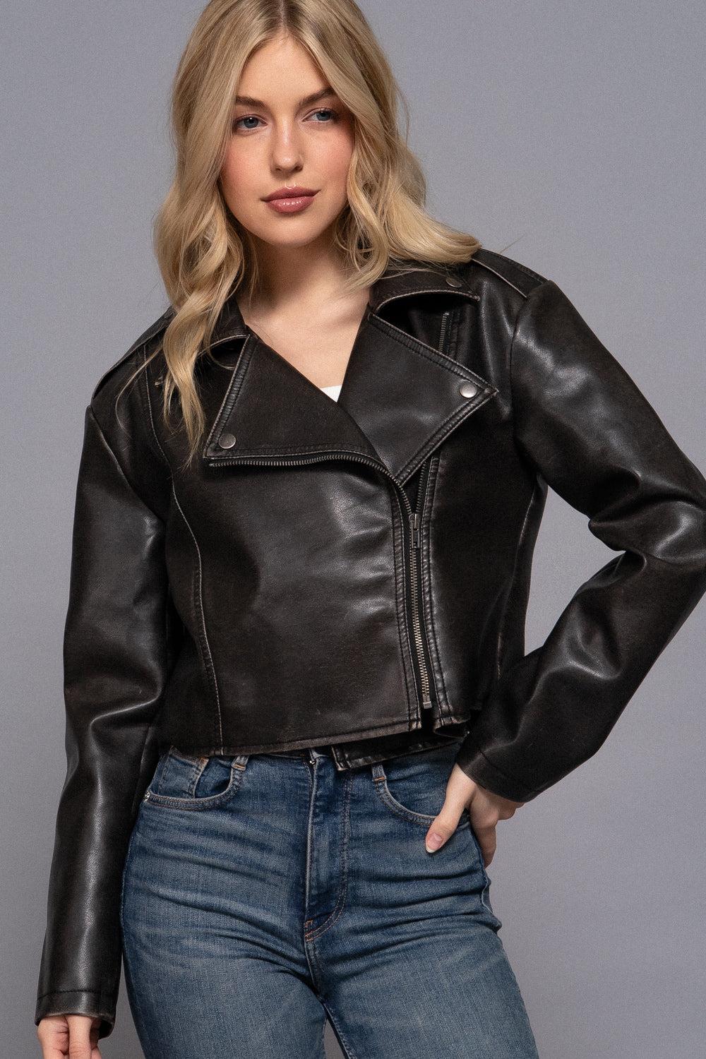 Vintage Wash Faux Leather Cropped Moto Jacket