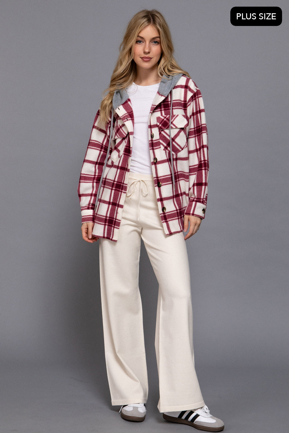 Plus Size Plaid Button Down Hoodie Fleece Jacket