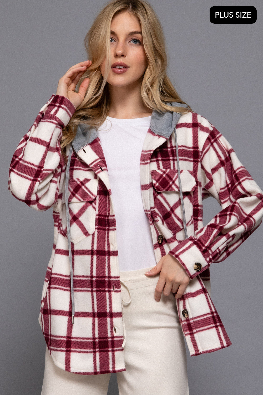 Plus Size Plaid Button Down Hoodie Fleece Jacket