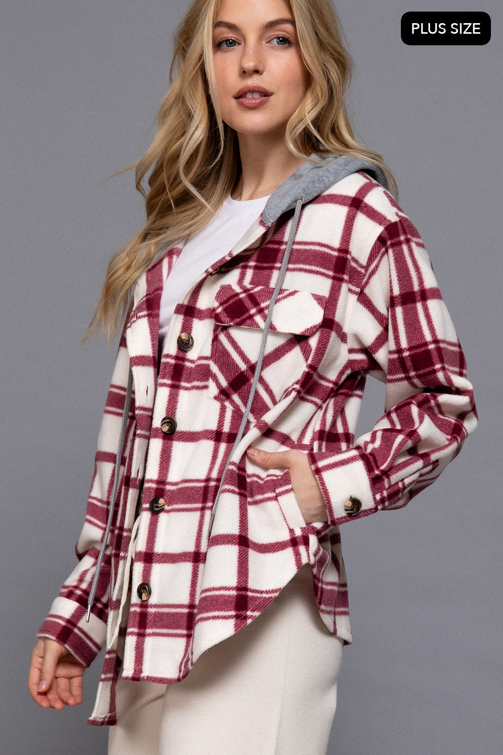 Plus Size Plaid Button Down Hoodie Fleece Jacket