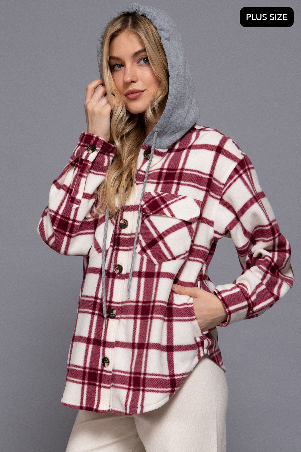 Plus Size Plaid Button Down Hoodie Fleece Jacket