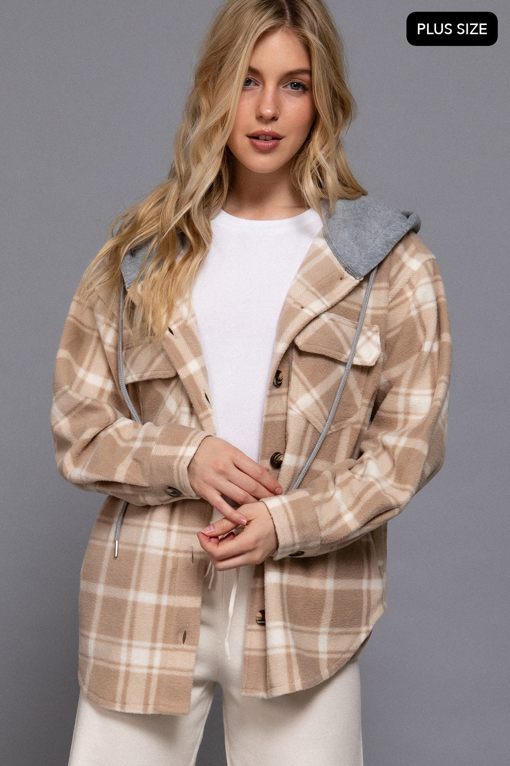 Plus Size Plaid Button Down Hoodie Fleece Jacket