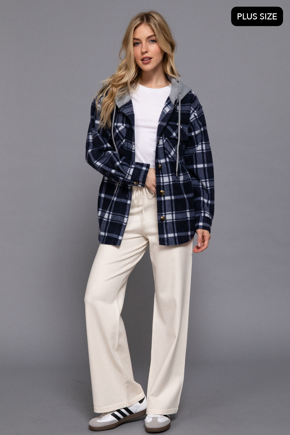 Plus Size Plaid Button Down Hoodie Fleece Jacket