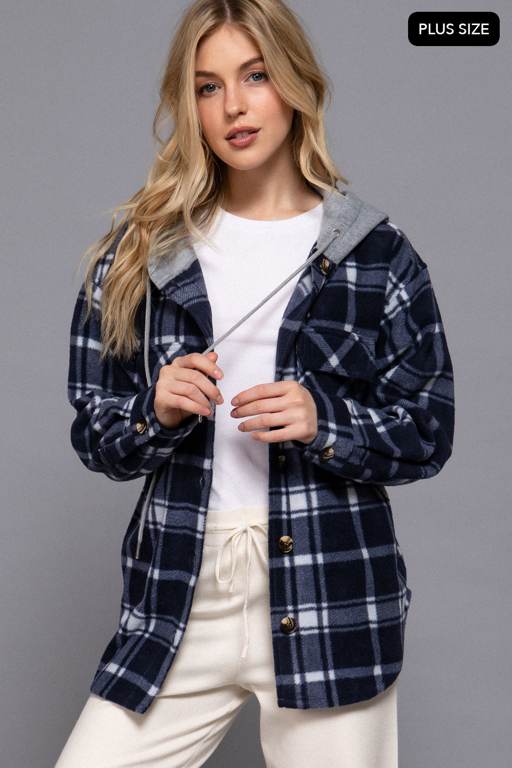 Plus Size Plaid Button Down Hoodie Fleece Jacket