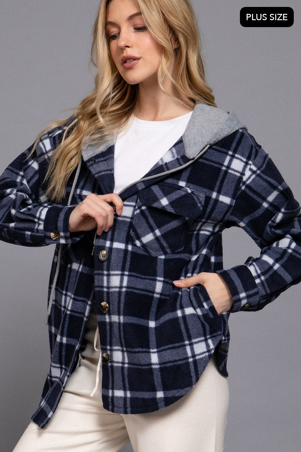 Plus Size Plaid Button Down Hoodie Fleece Jacket