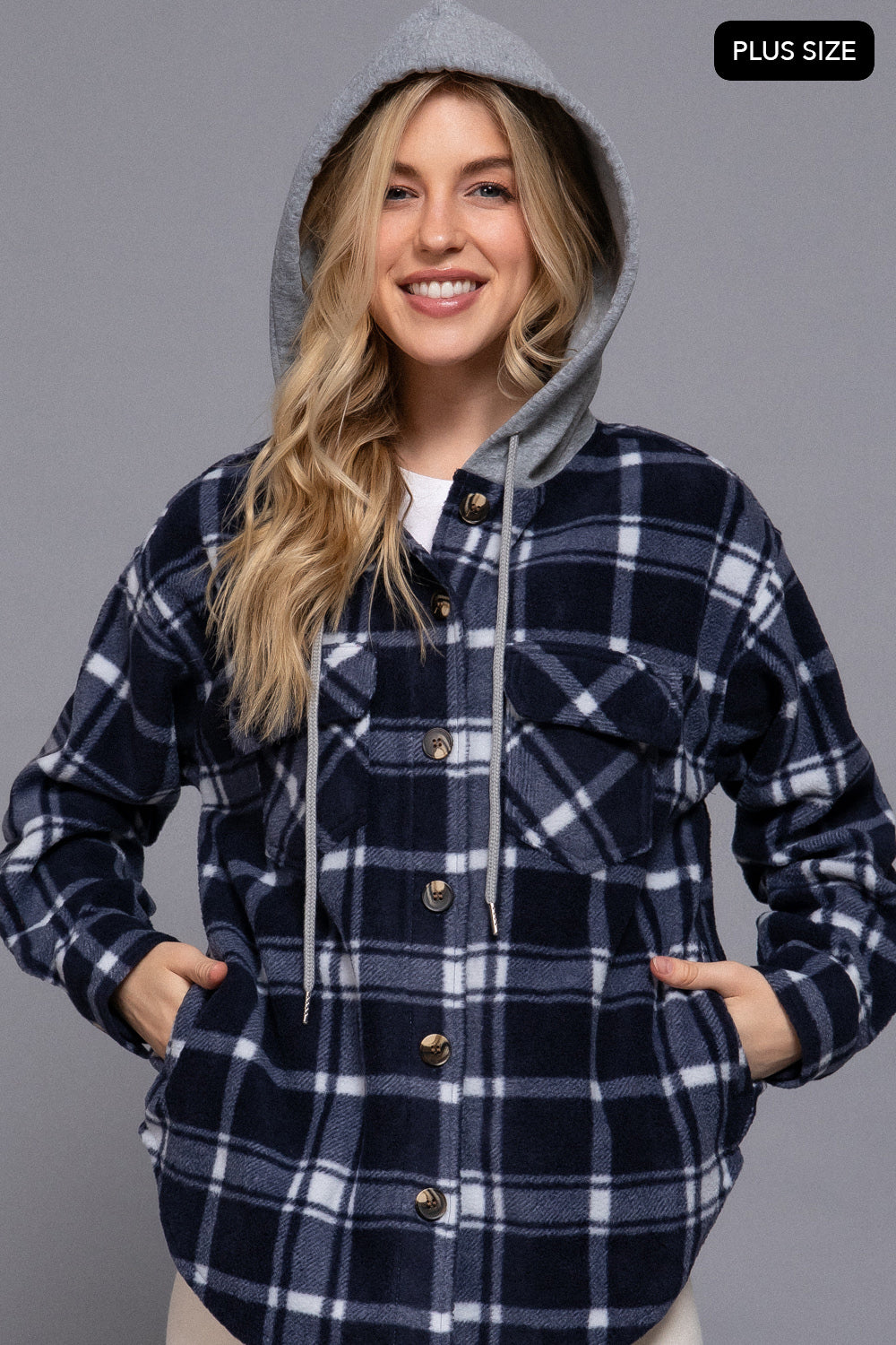 Plus Size Plaid Button Down Hoodie Fleece Jacket