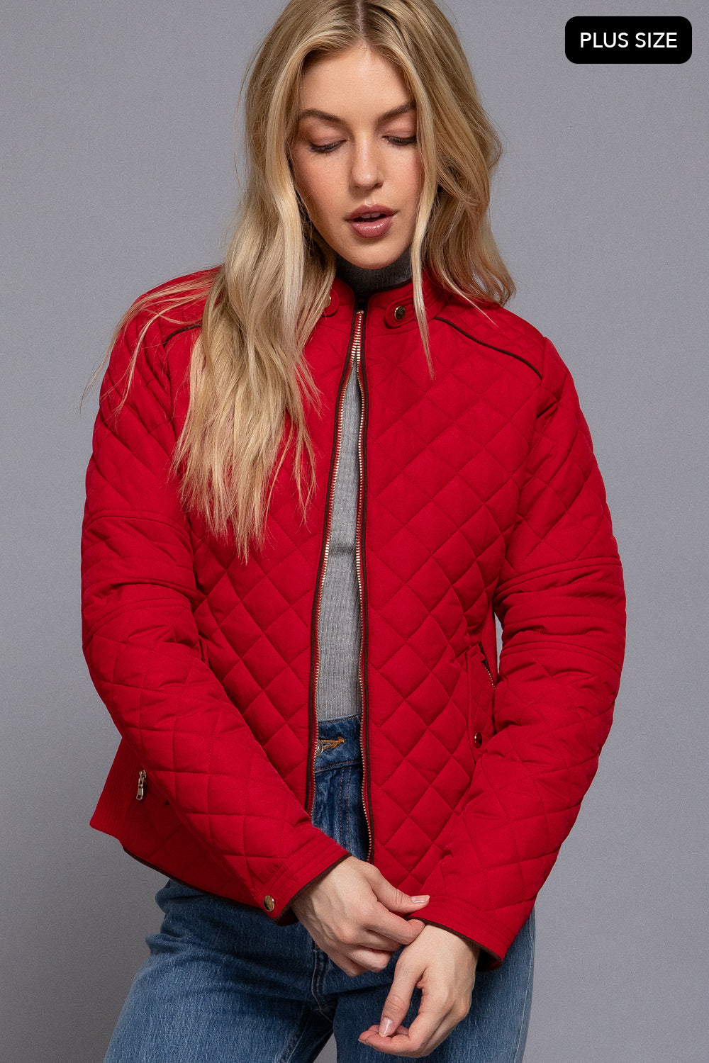 Plus Size Quilted Suede Piping Jacket