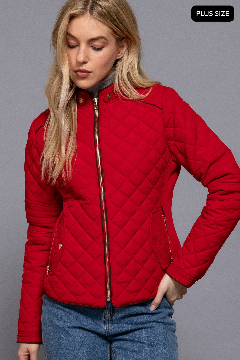Plus Size Quilted Suede Piping Jacket