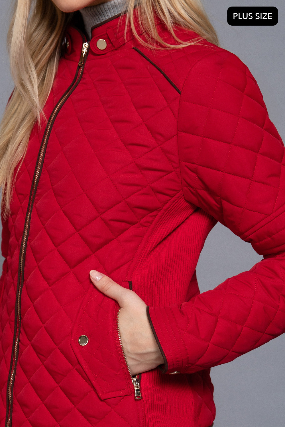 Plus Size Quilted Suede Piping Jacket