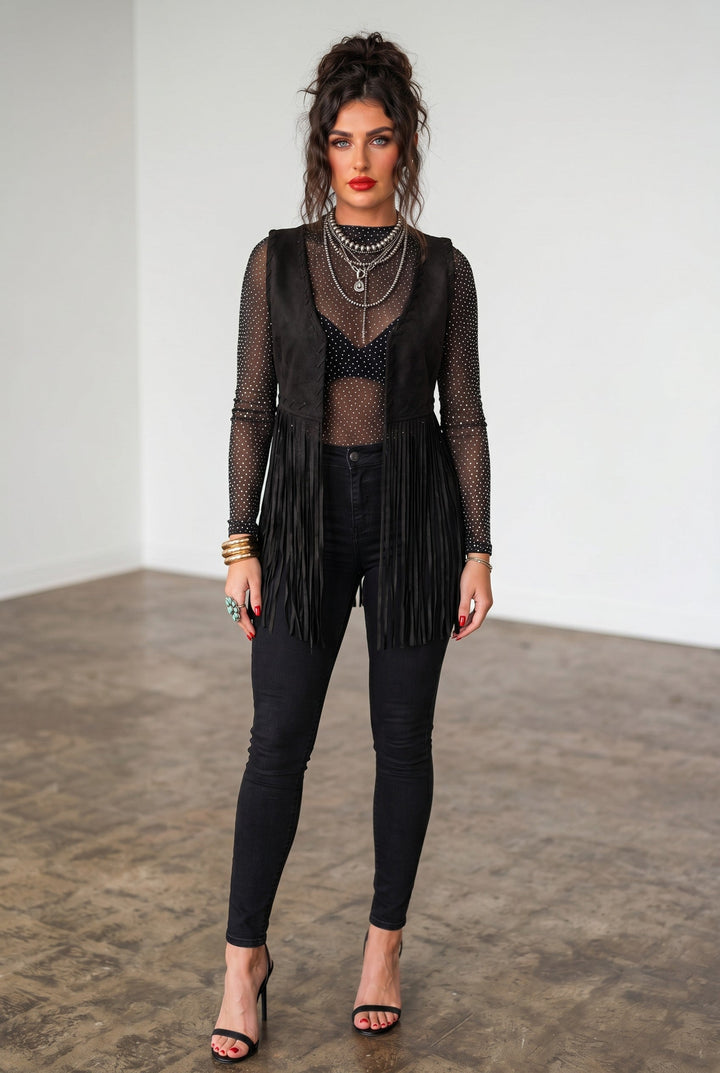 Black Faux Suede Fringe Whipstitch Western Vest