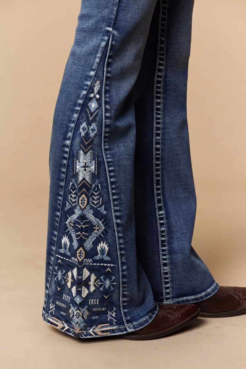 Embroidered Side Panel Flare Jeans