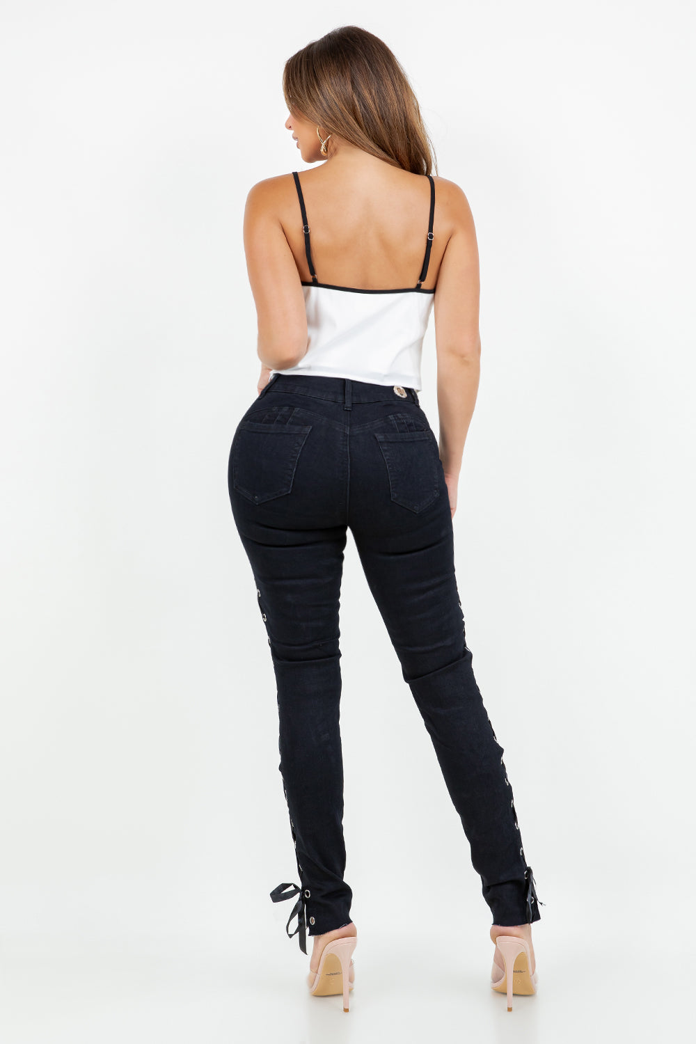 High-Waisted Black Lace-Up Skinny Jeans