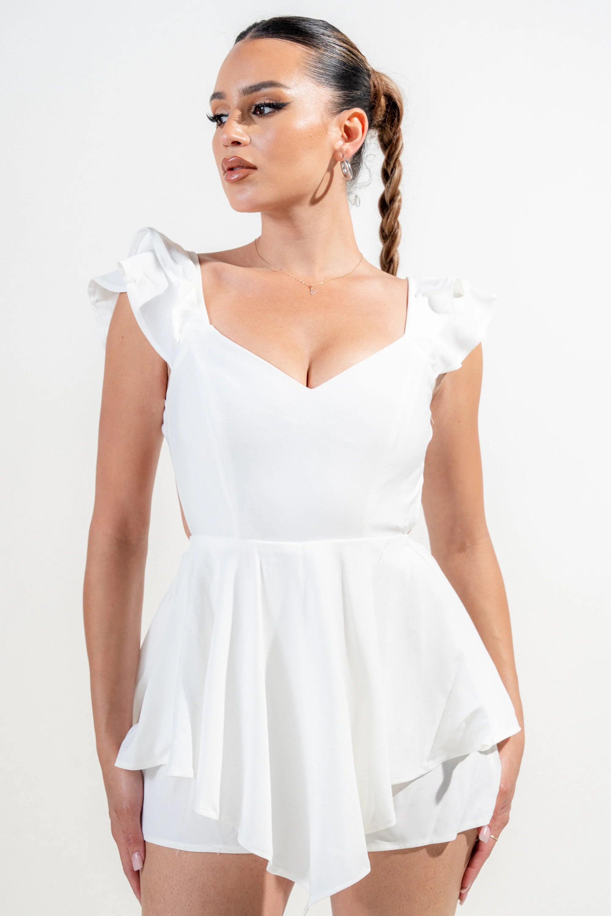 SOFT SATIN TWILL RUFFLED BALLERINA ROMPER