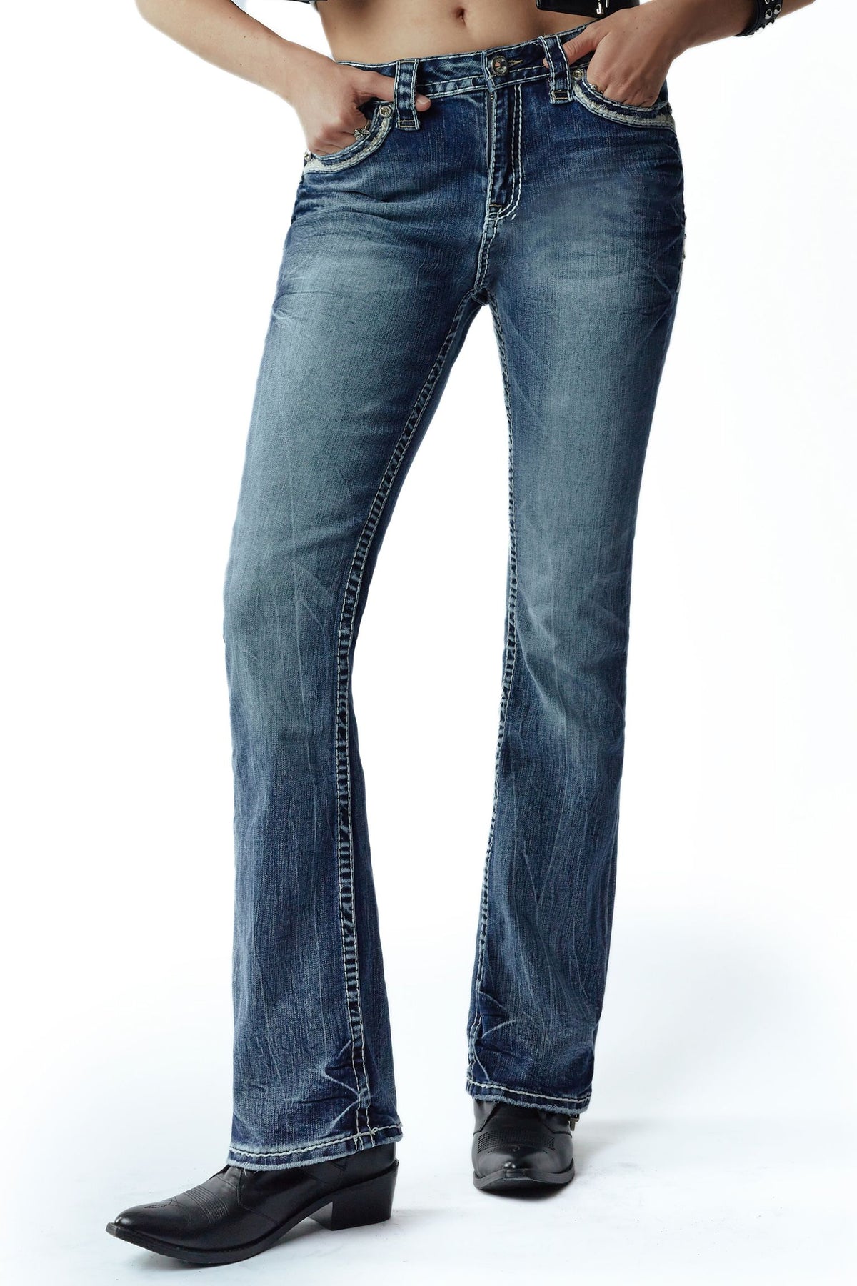 Front product view of Rock In LA RA9323 medium-wash bootcut jeans
