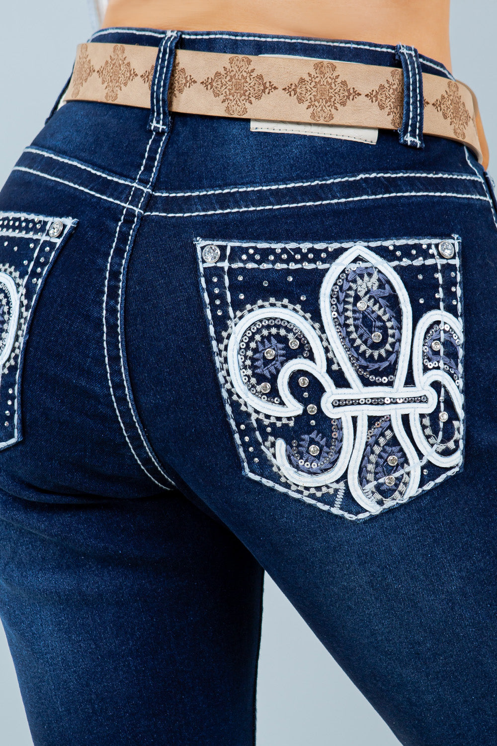 Dark Blue Embroidered Bootcut Jeans with Western Accent Stitching