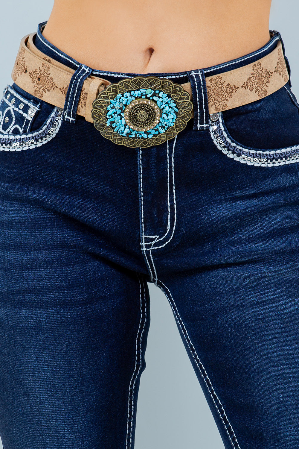 Dark Blue Embroidered Bootcut Jeans with Western Accent Stitching