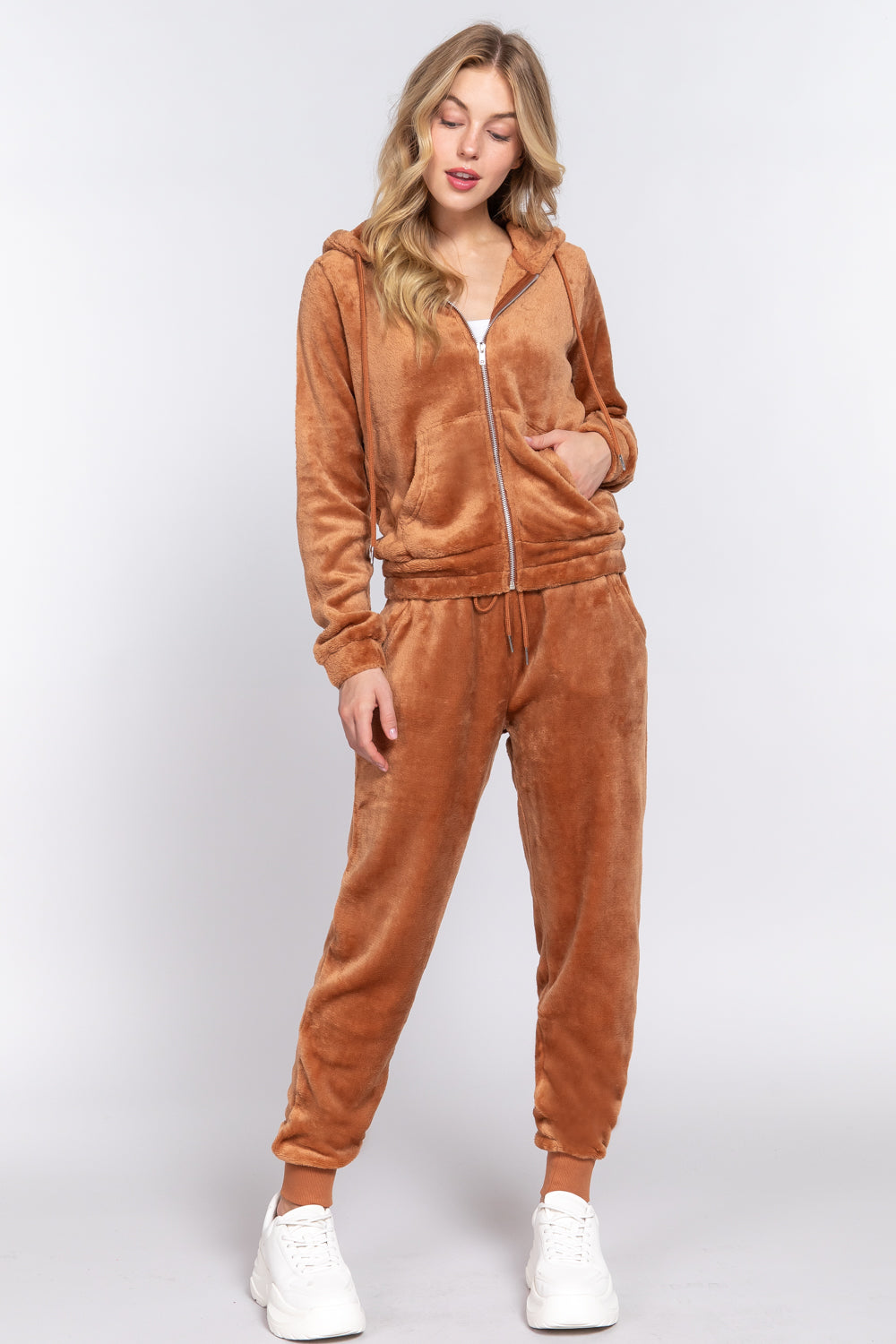 Faux Fur Zip-Up Jacket & Jogger Pants Lounge Set