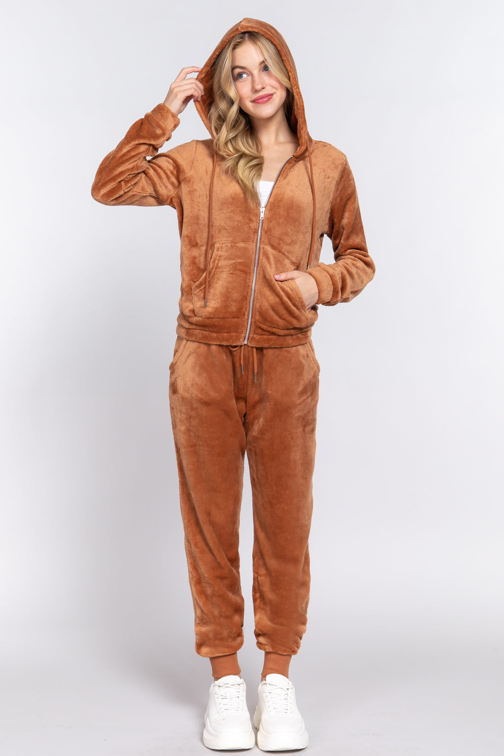 Faux Fur Zip-Up Jacket & Jogger Pants Lounge Set