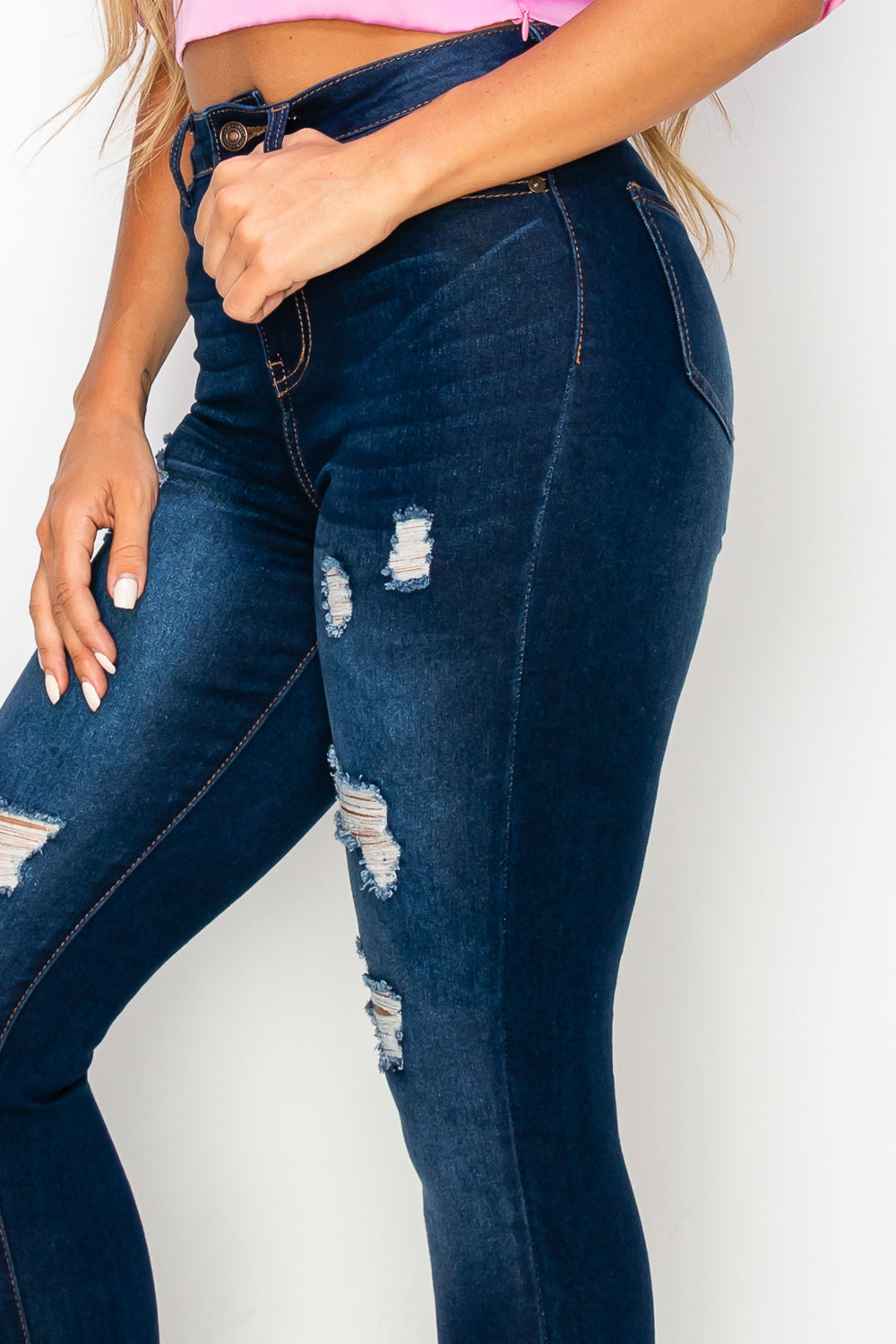 High-Waisted Distressed Skinny Jeans with Classic Back Pockets