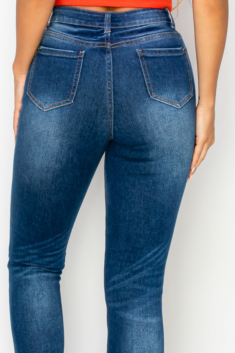 High-Waisted Dark Denim Skinny Jeans with Classic Lift Pockets