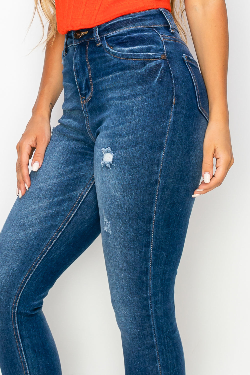 High-Waisted Dark Denim Skinny Jeans with Classic Lift Pockets