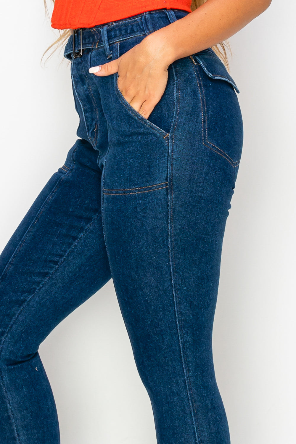 High-Waisted Pull-On Skinny Jeans with Clean Back Pockets