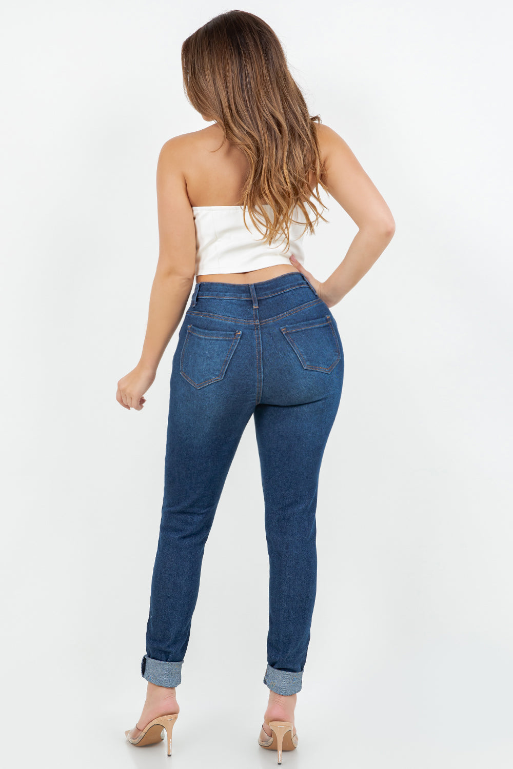 High-Rise Dark Blue Distressed Skinny Jeans with Cuffed Hem