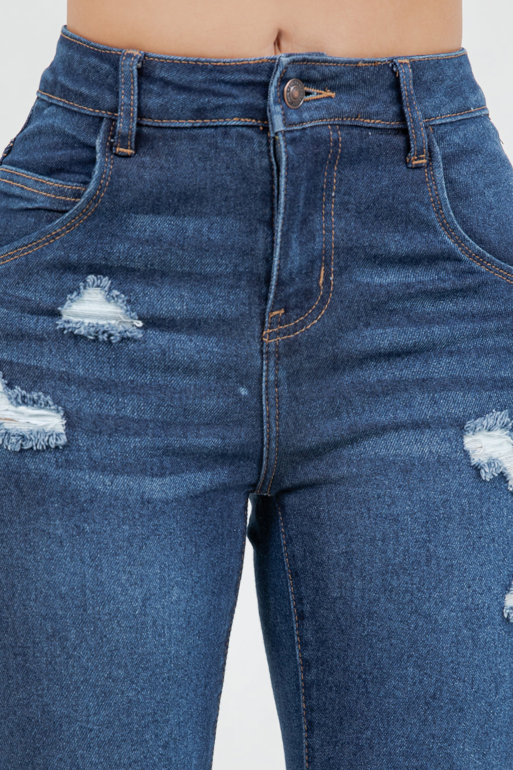 High-Rise Dark Blue Distressed Skinny Jeans with Cuffed Hem