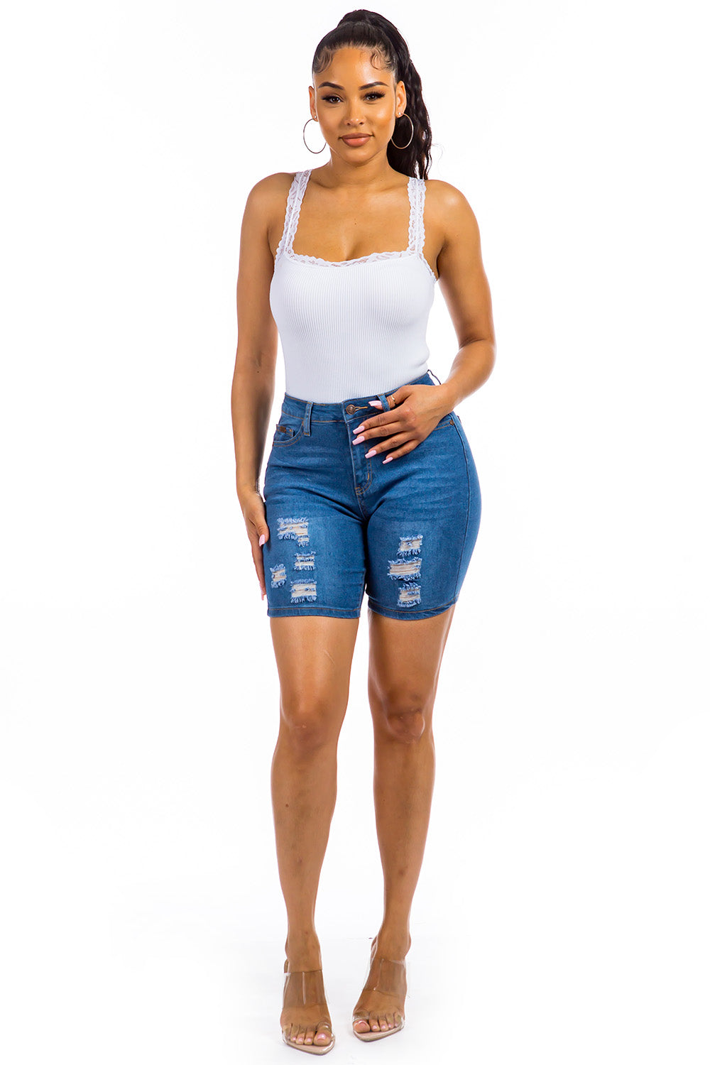 Stag Medium Blue Distressed High-Rise Denim Bermuda Shorts