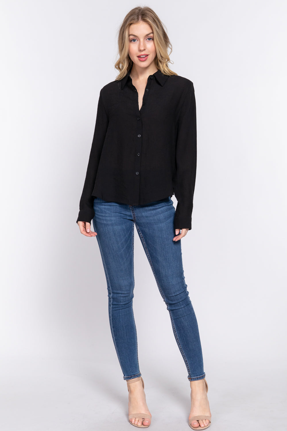 Crinkle Woven Long Sleeve Button-Down Blouse