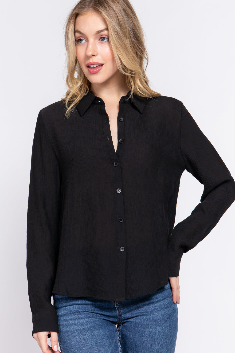 Crinkle Woven Long Sleeve Button-Down Blouse