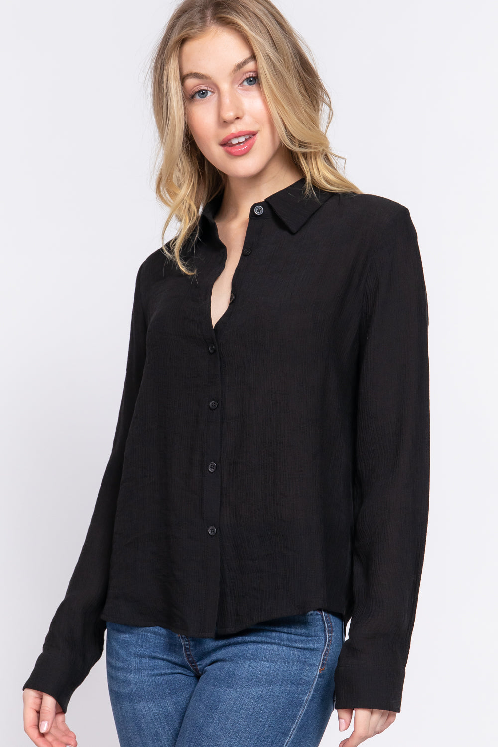 Crinkle Woven Long Sleeve Button-Down Blouse