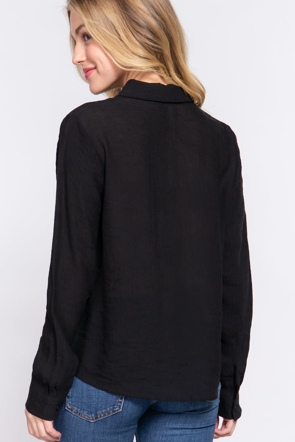 Crinkle Woven Long Sleeve Button-Down Blouse