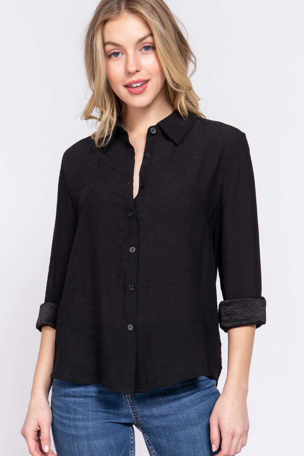 Crinkle Woven Long Sleeve Button-Down Blouse