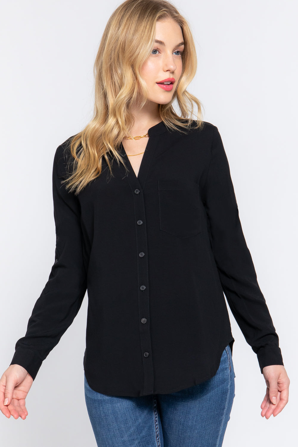 Split Round Neck Long Sleeve Woven Blouse
