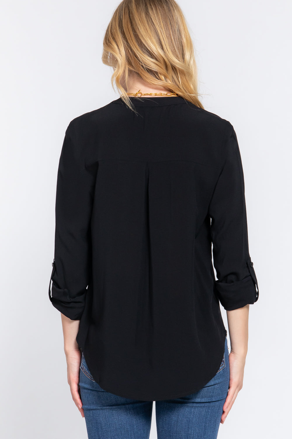 Split Round Neck Long Sleeve Woven Blouse