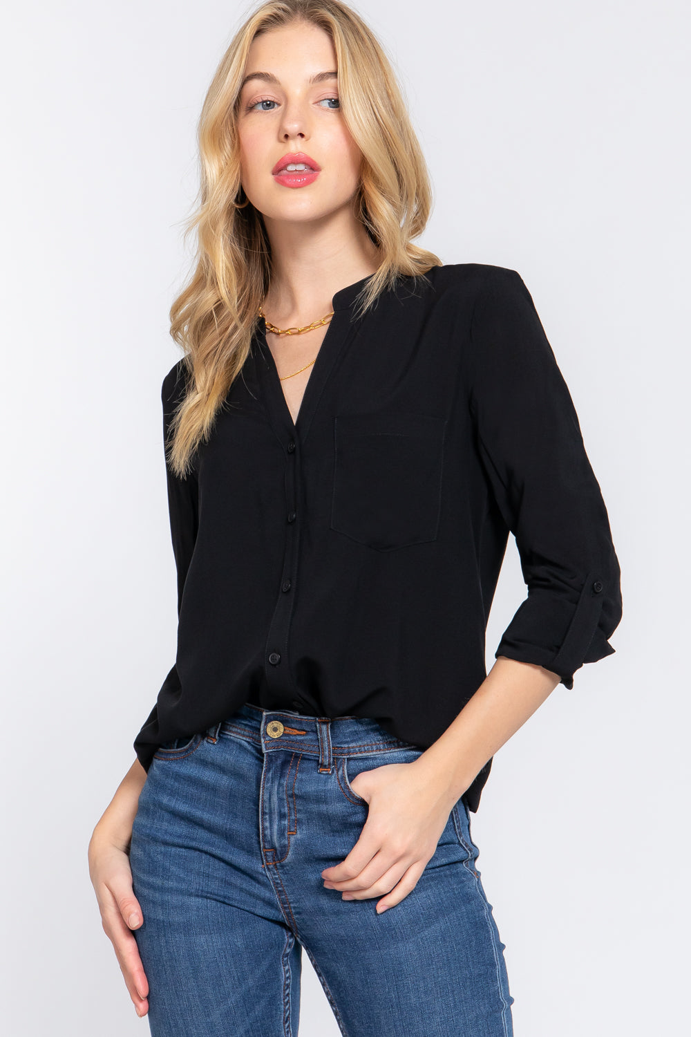 Split Round Neck Long Sleeve Woven Blouse