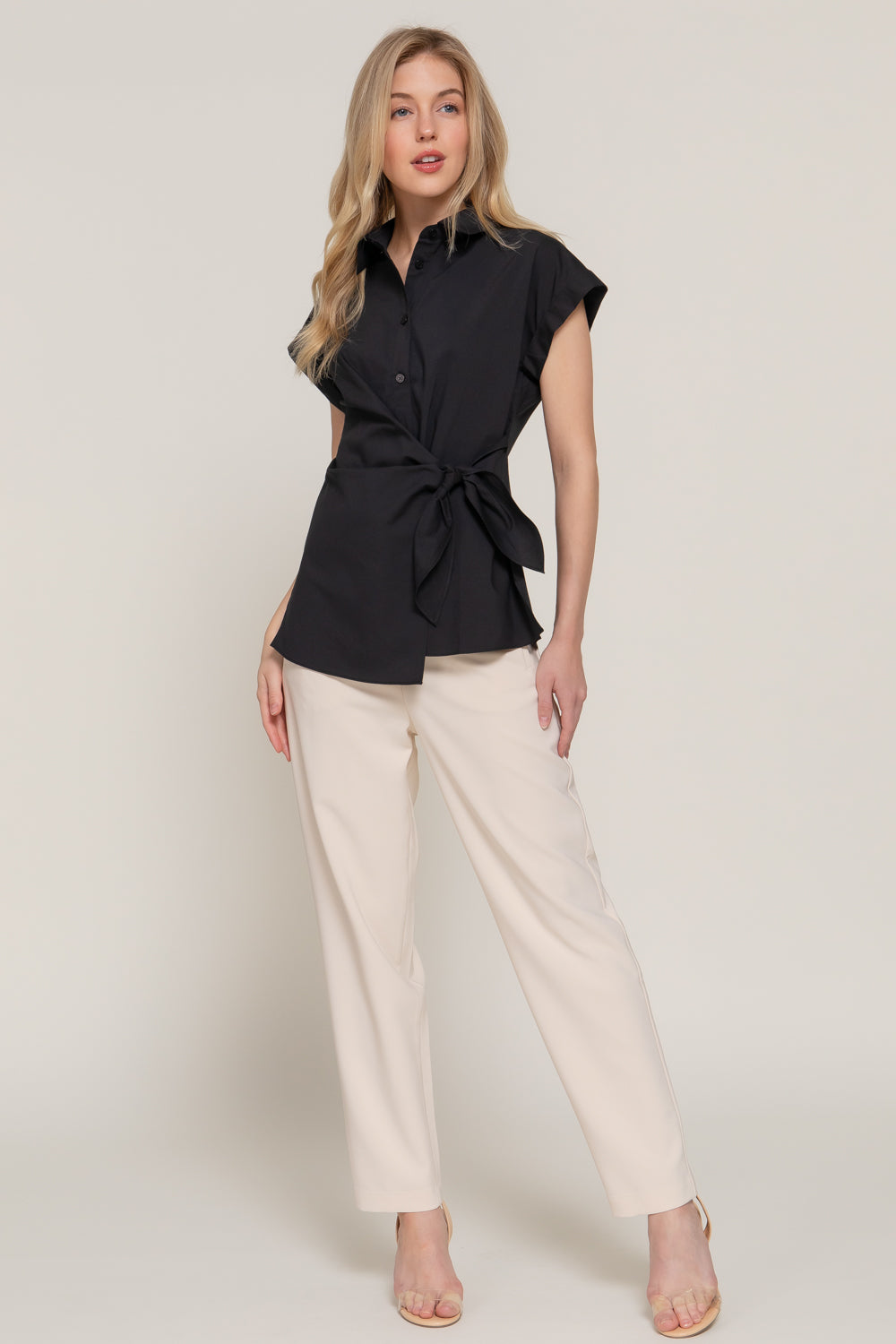 Poplin Short Dolman Sleeve Shirt with Side Knot Detail