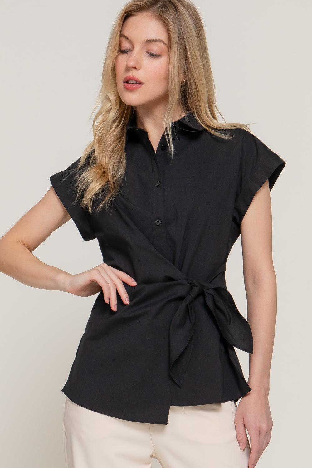 Poplin Short Dolman Sleeve Shirt with Side Knot Detail