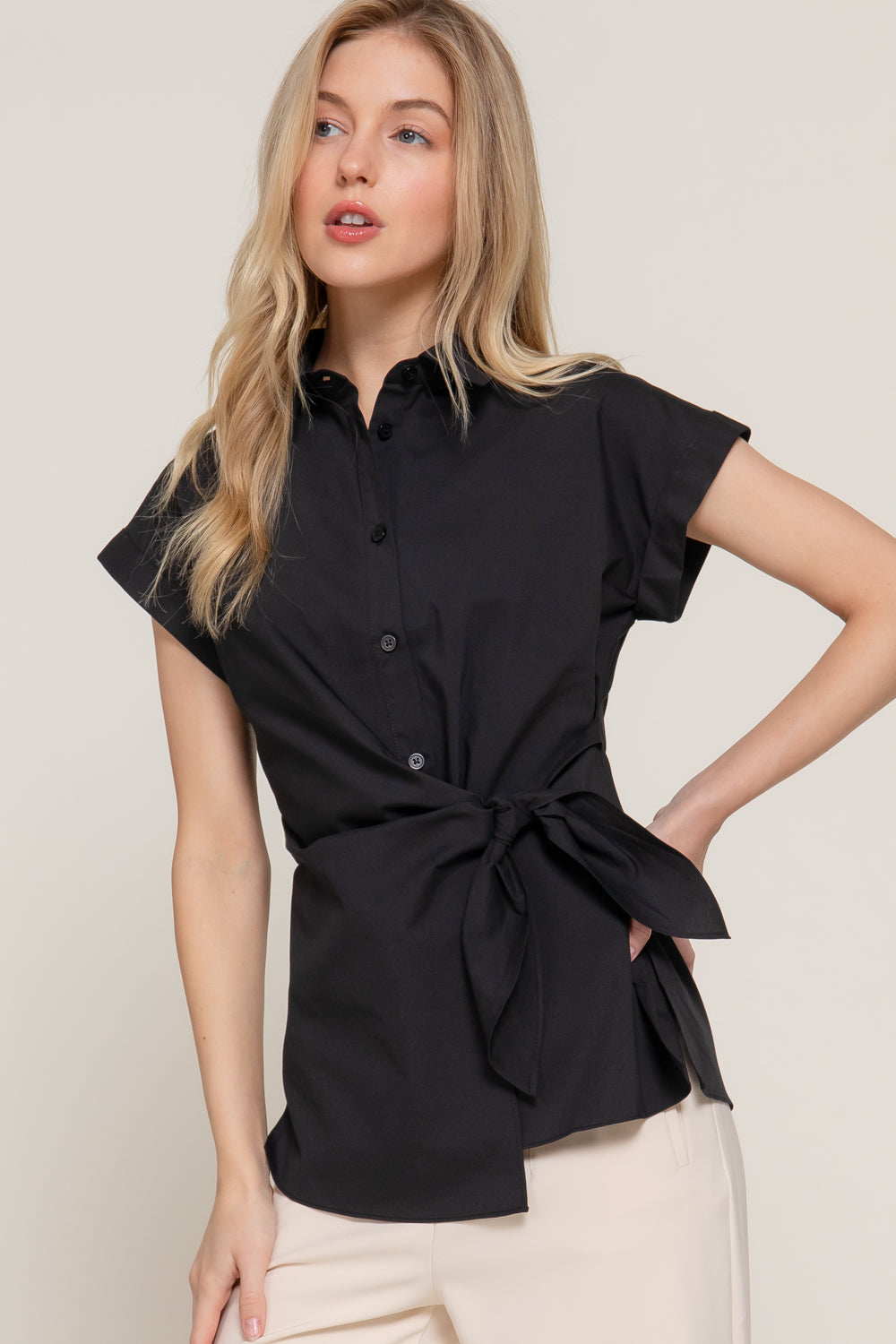 Poplin Short Dolman Sleeve Shirt with Side Knot Detail