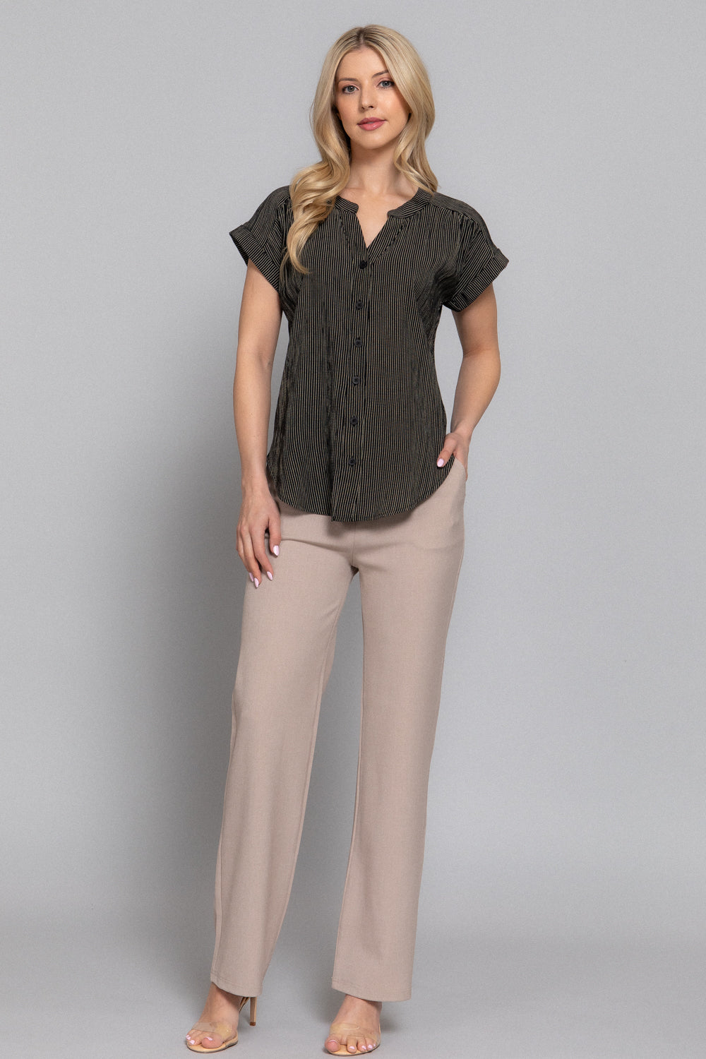 Stripe Woven Dolman Sleeve V-Neck Button-Down Blouse