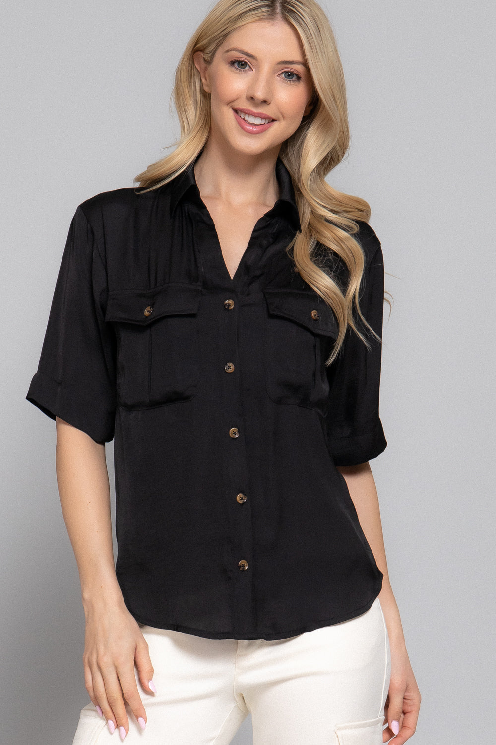 Washed Satin Short Sleeve Button-Down Shirt